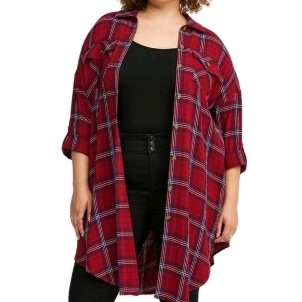 Torrid Long Plaid Open Front Duster Long Shirt Size‎ Large 0 Red Button Up Layer